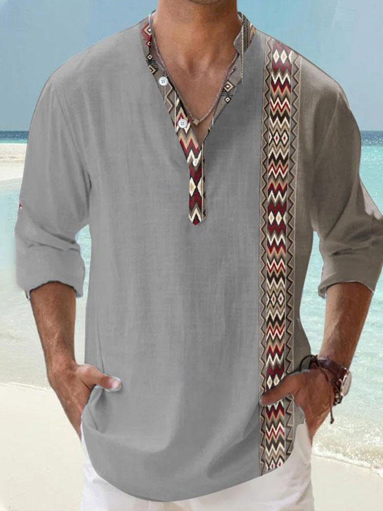 Thin Casual Digital Bamboo Linen Hawaiian Long Sleeve Shirt