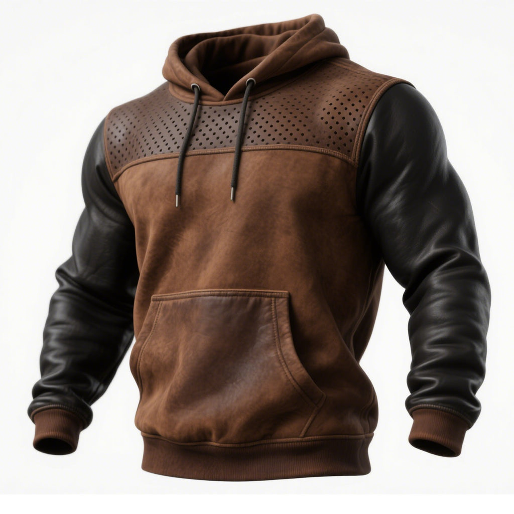 Men's Retro Brown Leather Decorative Perforated Hooded Casual Sweatshirt