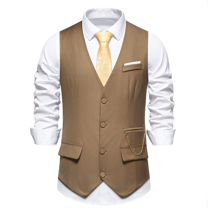 New Men's Solid Color Suit V-neck Single Breasted Chain Vest