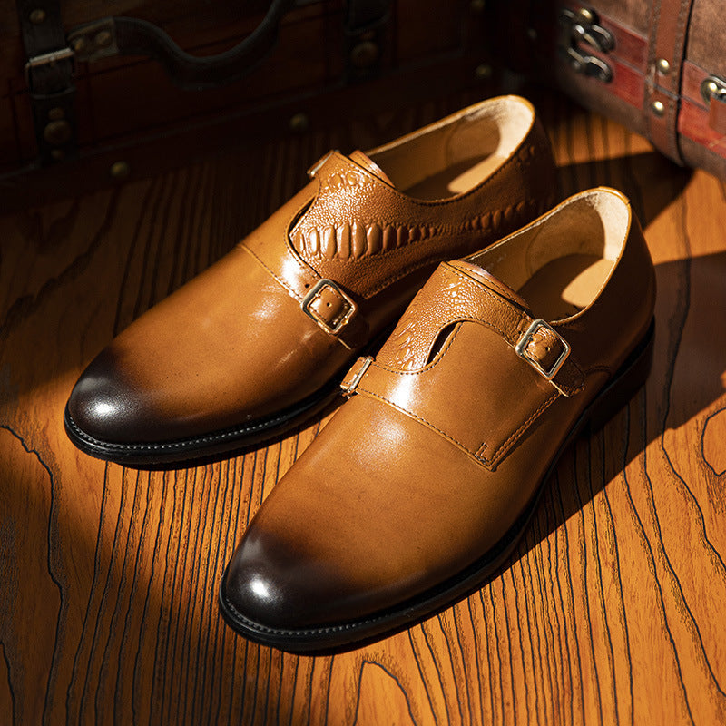 Men's First Layer Cowhide Summer Round Toe Double Buckle Retro Style Business Leather Shoes