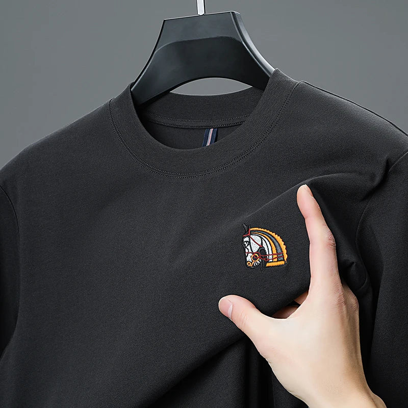 Brand Luxury Quality Men's T-Shirt O-Neck Horse Embroidery Long Sleeve 100% Cotton Spring New Trend Fashion Exquisite Men's Wear