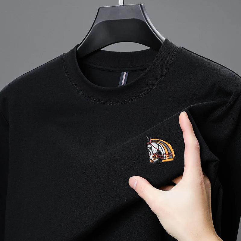 Brand Luxury Quality Men's T-Shirt O-Neck Horse Embroidery Long Sleeve 100% Cotton Spring New Trend Fashion Exquisite Men's Wear