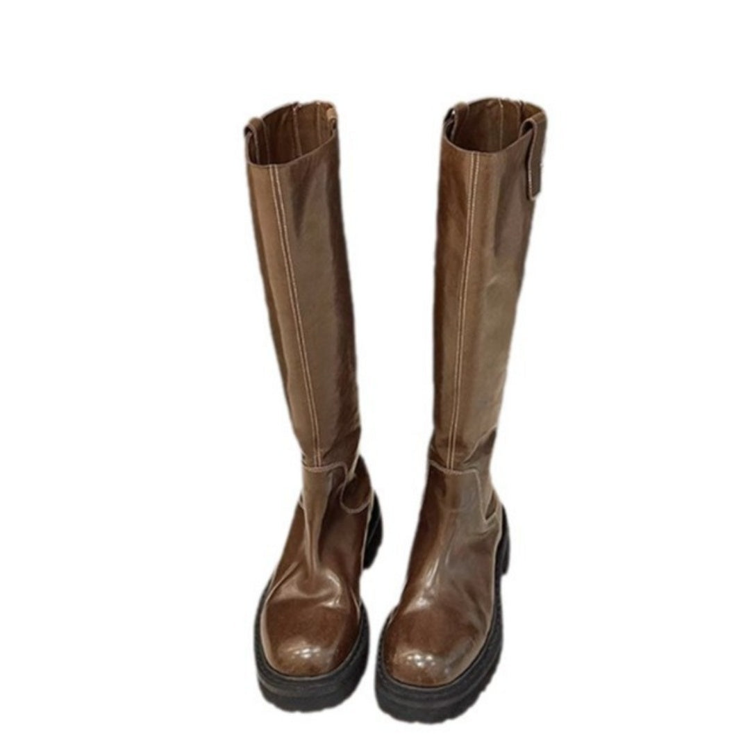Round Head Thick Bottom Chunky Heel Long Tube Knight Boots