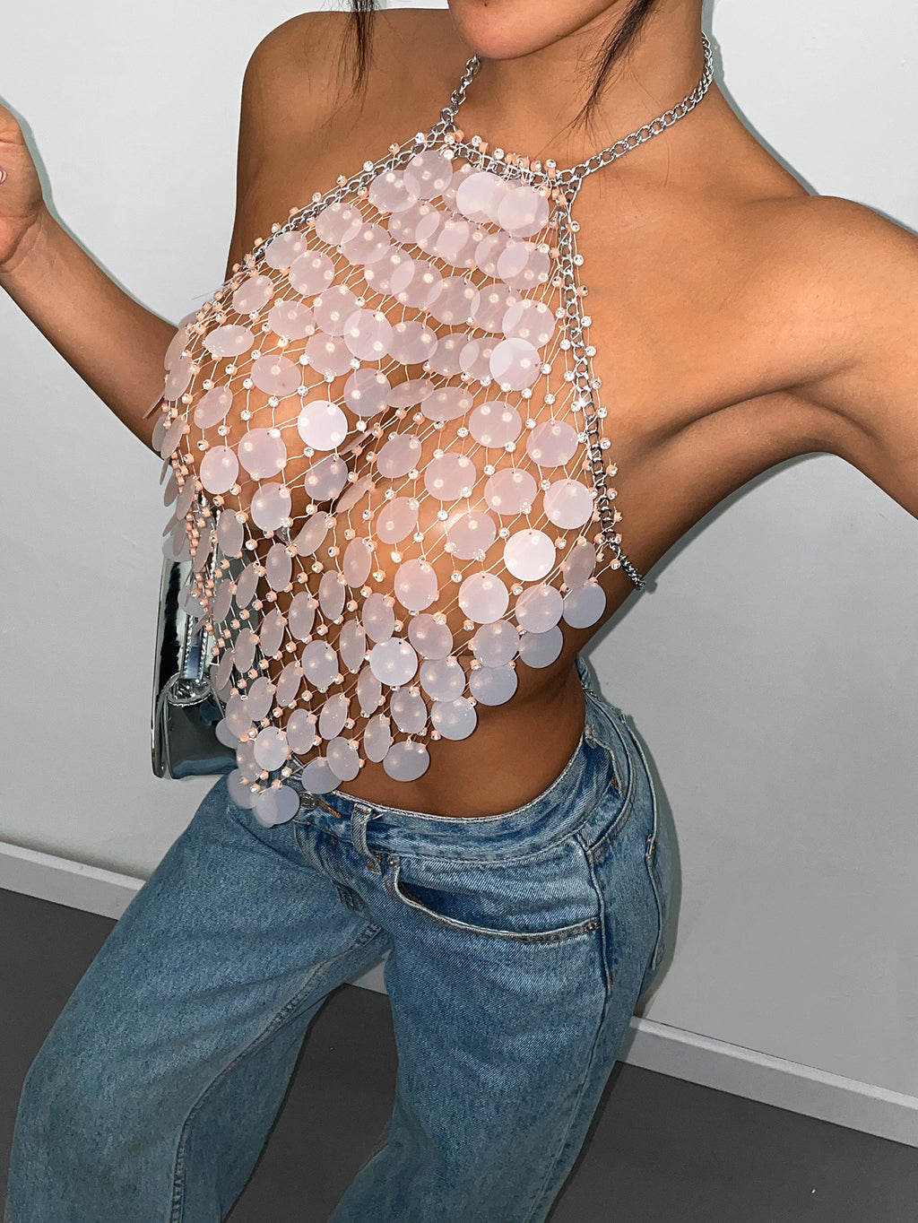 Fishnet Rhinestone Halter Spaghetti Straps Sequined Top