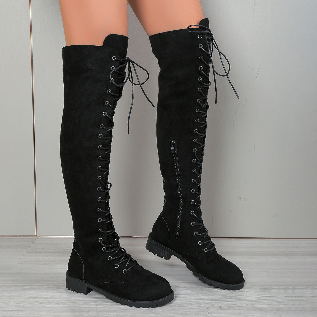 European And American Lace-up Over The Knee Boots Round Head