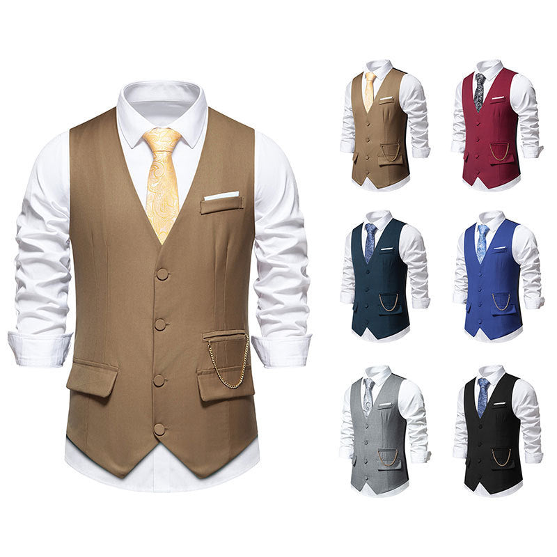 New Men's Solid Color Suit V-neck Single Breasted Chain Vest