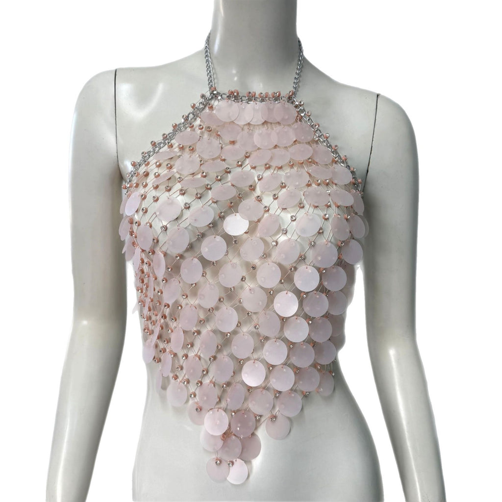 Fishnet Rhinestone Halter Spaghetti Straps Sequined Top