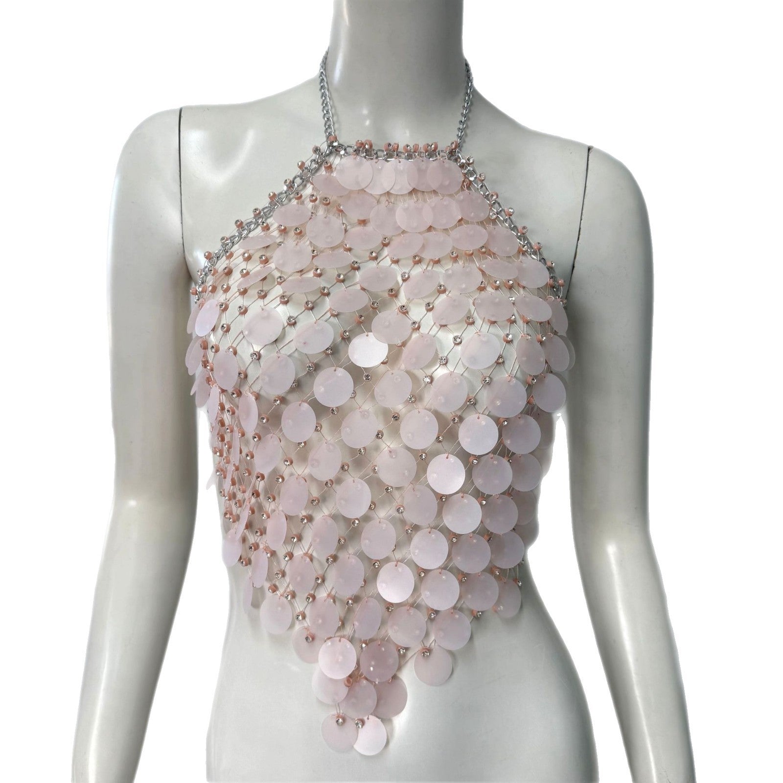 Fishnet Rhinestone Halter Spaghetti Straps Sequined Top