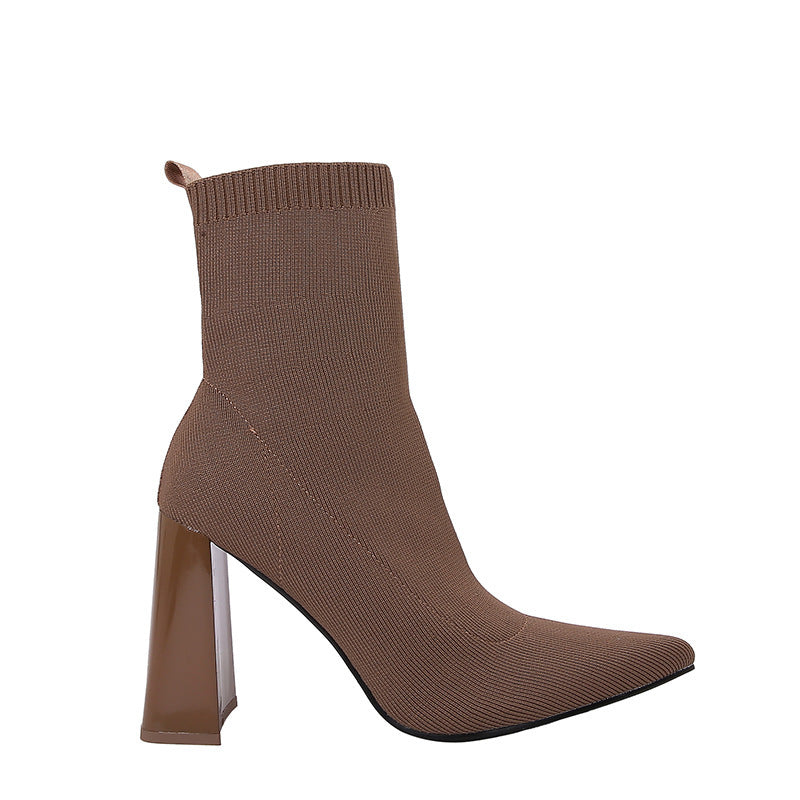 Brown Yellow Geometric High Heel Chunky Heel Retro Ankle Boots Elastic Socks Boots Women