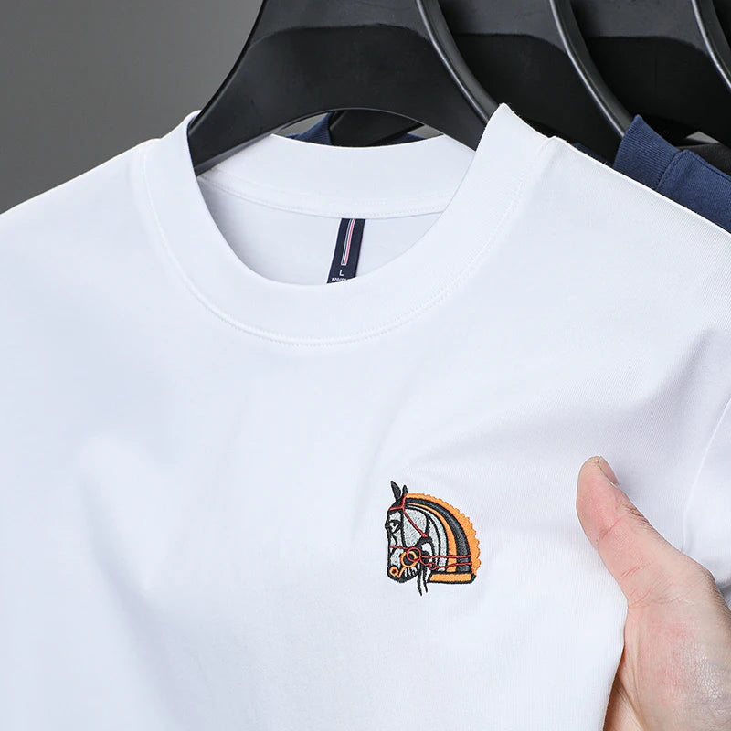 Brand Luxury Quality Men's T-Shirt O-Neck Horse Embroidery Long Sleeve 100% Cotton Spring New Trend Fashion Exquisite Men's Wear