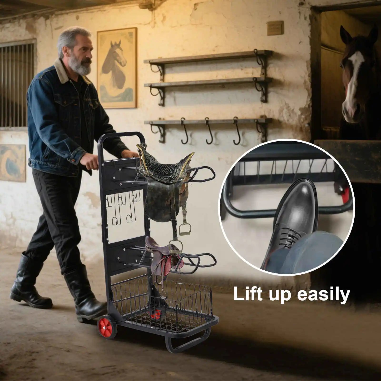 Pro-Grade Rolling Tack Rack on Wheels - Mobile Horse Saddle Storage Cart with Transport Handles, 66lb Load-Bearing