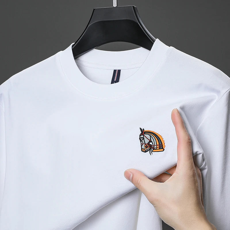 Brand Luxury Quality Men's T-Shirt O-Neck Horse Embroidery Long Sleeve 100% Cotton Spring New Trend Fashion Exquisite Men's Wear