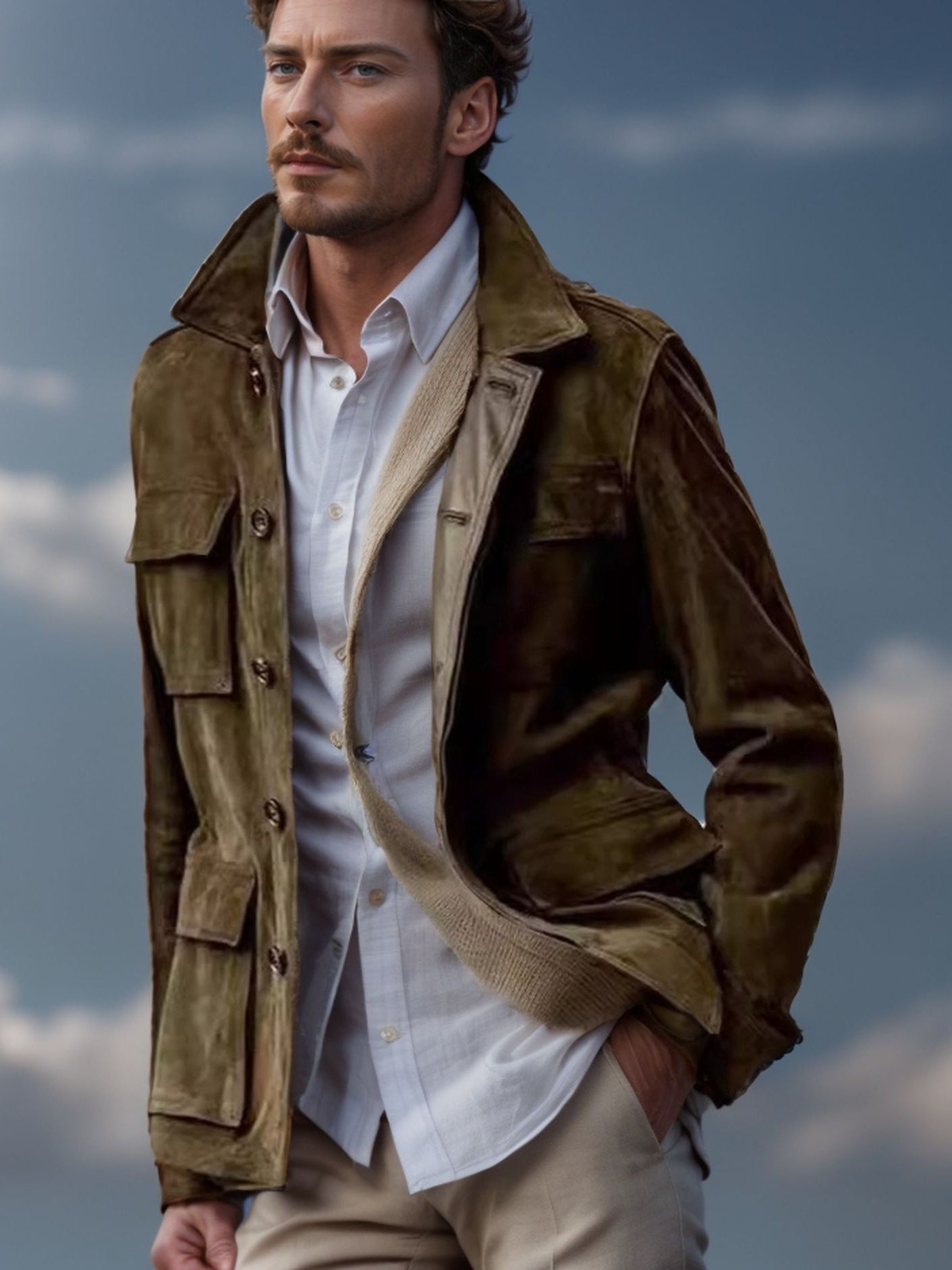 Regular Men's Cowhide Casual Coat And Trench Coat Multi-pocket