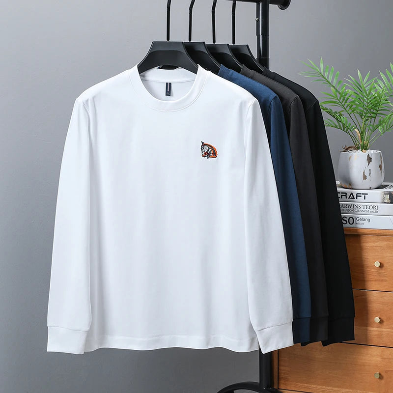 Brand Luxury Quality Men's T-Shirt O-Neck Horse Embroidery Long Sleeve 100% Cotton Spring New Trend Fashion Exquisite Men's Wear