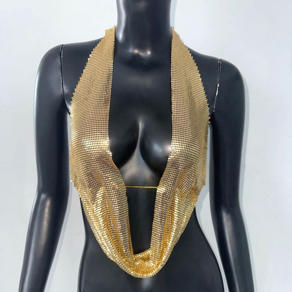 Sequined Top Metal Vest Halterneck With Suspenders