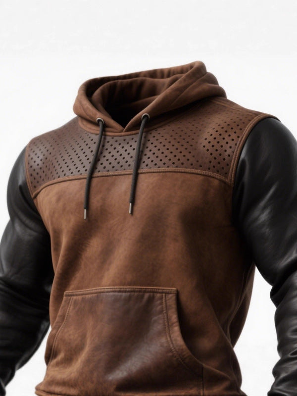 Men's Retro Brown Leather Decorative Perforated Hooded Casual Sweatshirt