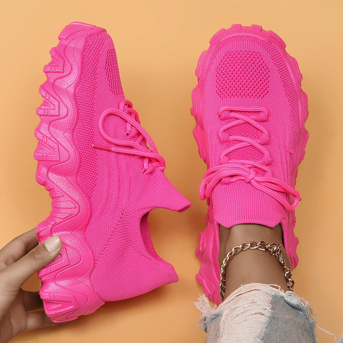 Plus Size Women's Sports Shoes Breathable Fly-knit Socks Shoes