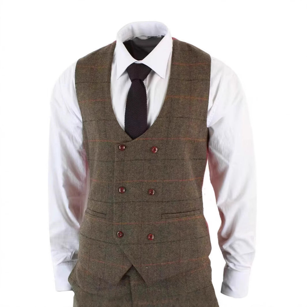 German-style Gentleman's Workplace Wedding Three-piece Brown Plaid Suit