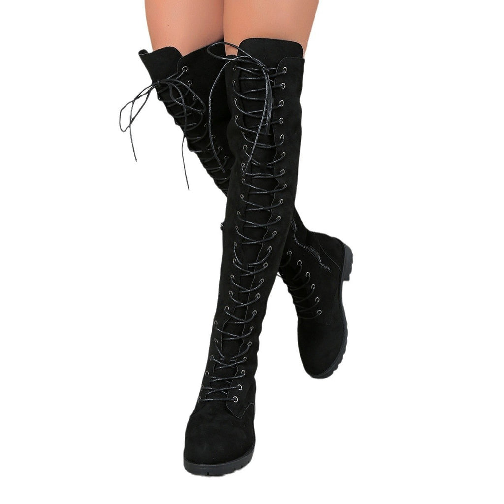 European And American Lace-up Over The Knee Boots Round Head