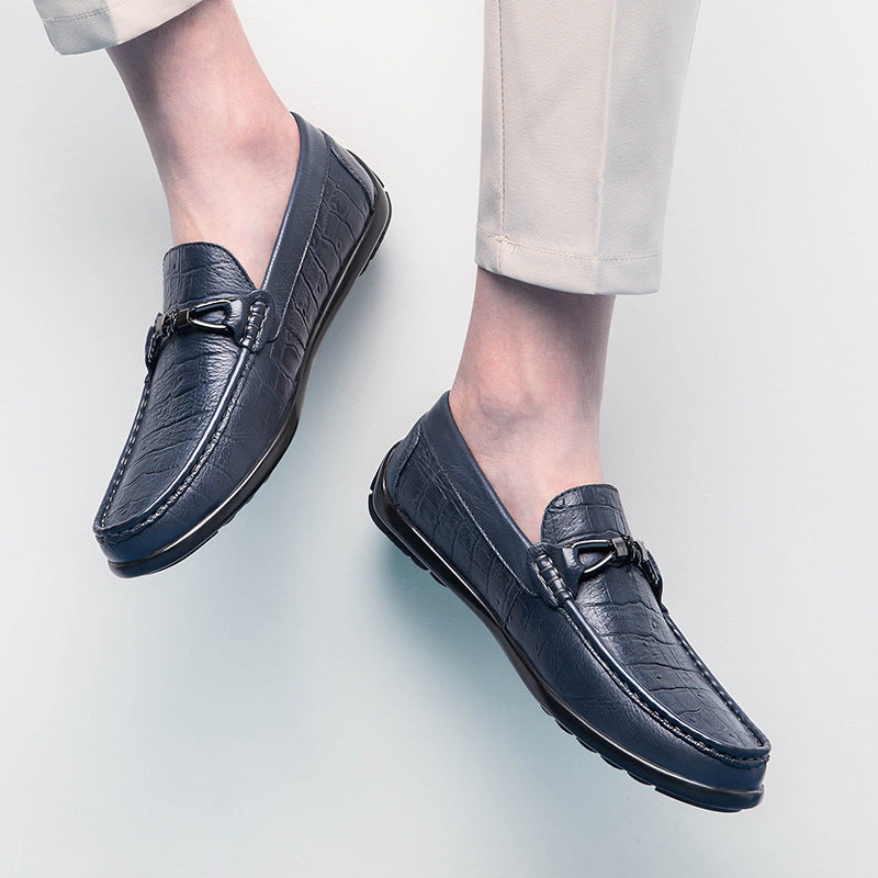 Round Toe Embossed Casual Leather Shoes Flat Heel