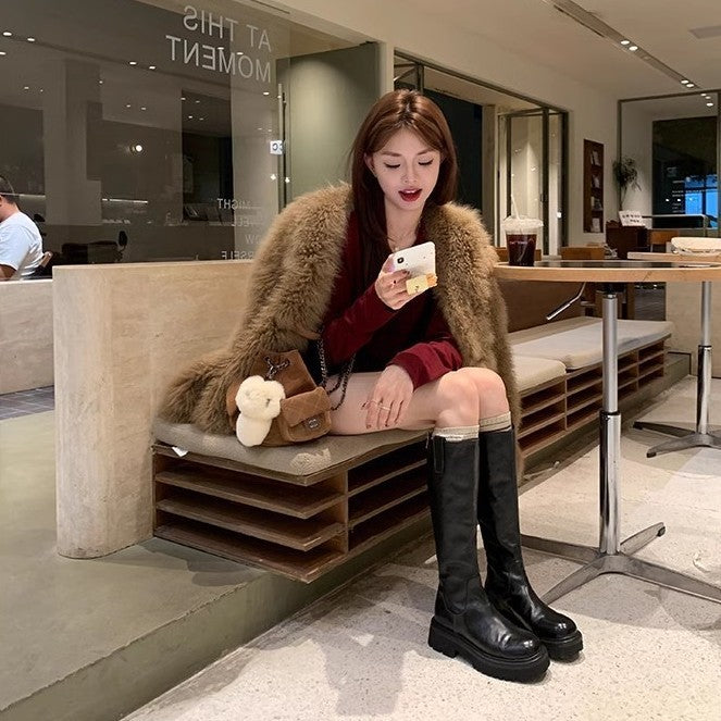 Round Head Thick Bottom Chunky Heel Long Tube Knight Boots