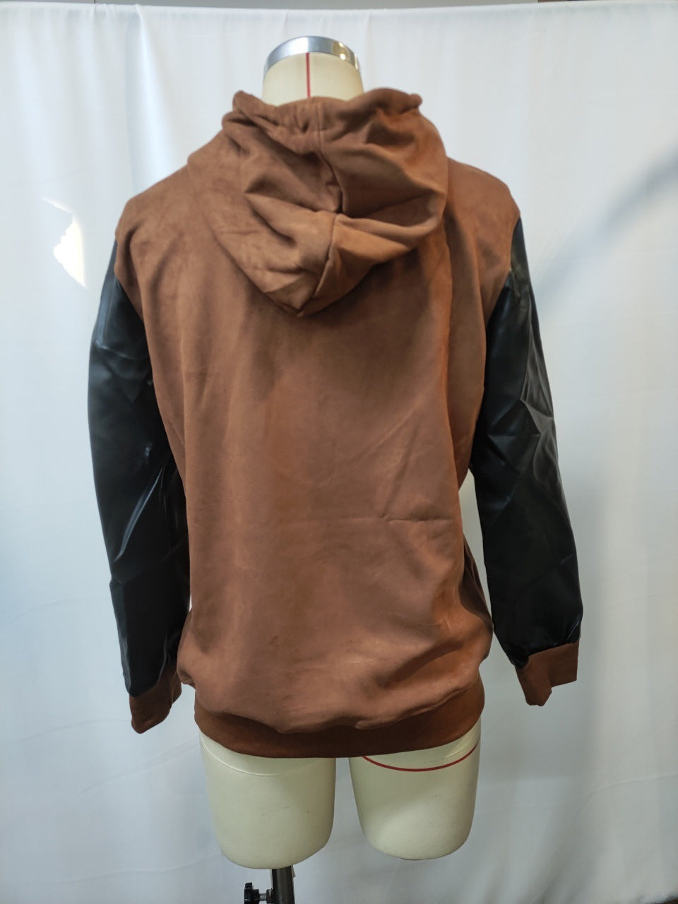 Men's Retro Brown Leather Decorative Perforated Hooded Casual Sweatshirt
