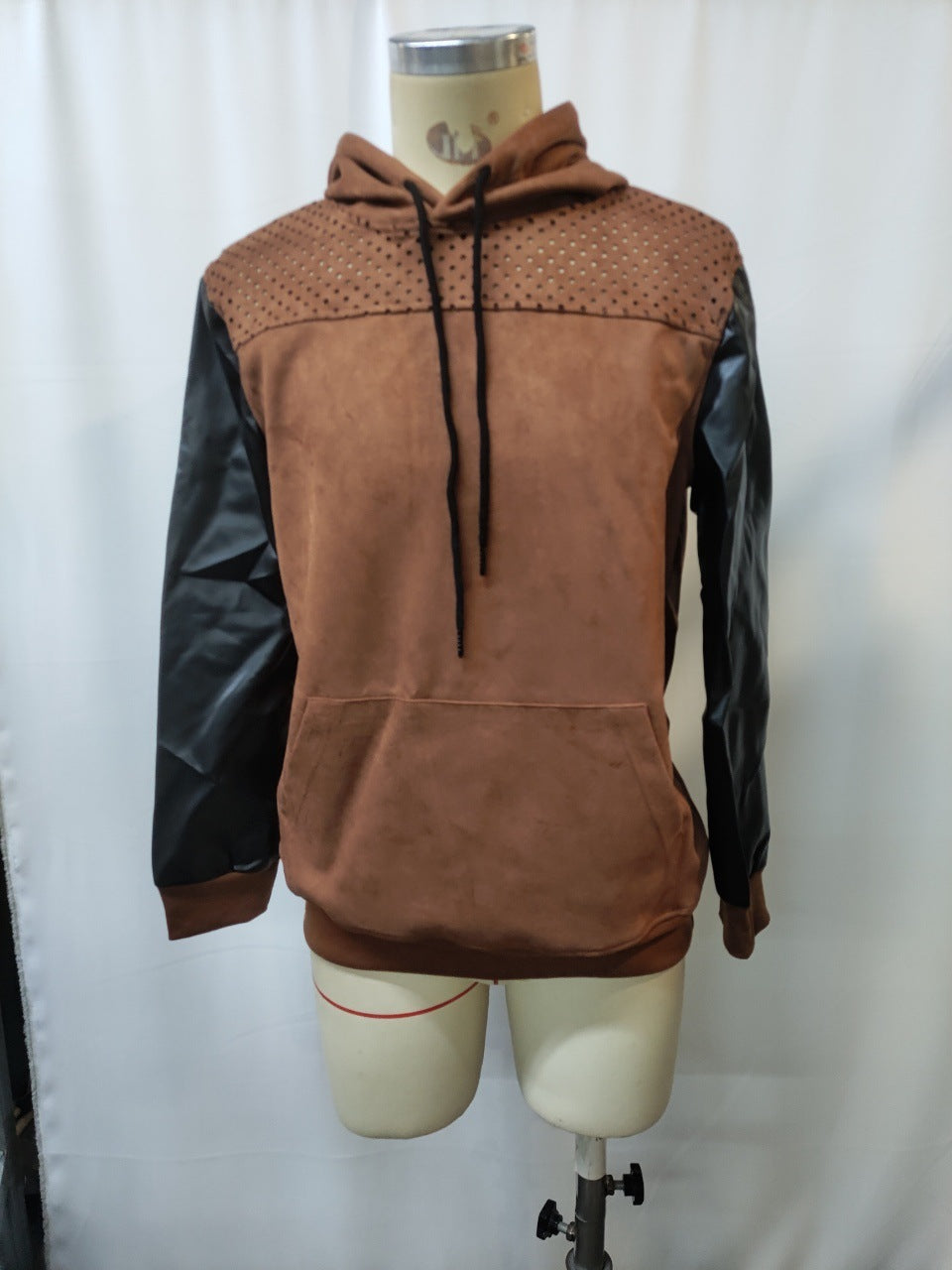 Men's Retro Brown Leather Decorative Perforated Hooded Casual Sweatshirt