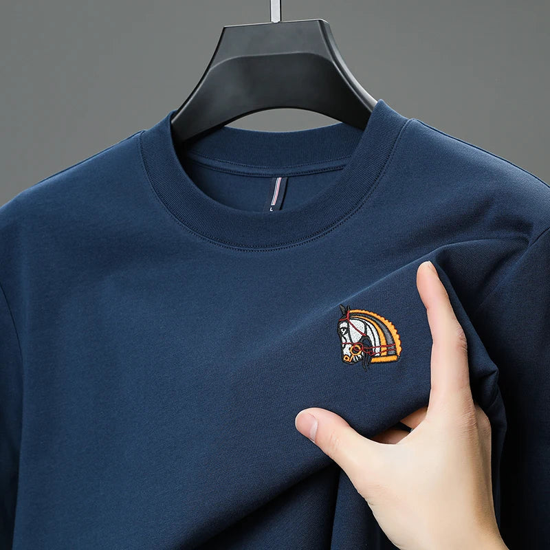 Brand Luxury Quality Men's T-Shirt O-Neck Horse Embroidery Long Sleeve 100% Cotton Spring New Trend Fashion Exquisite Men's Wear