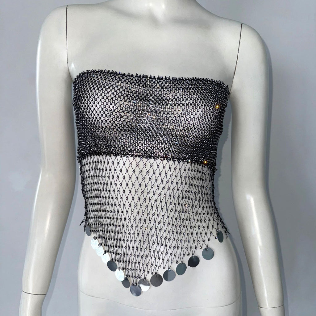Strap Fishnet Rhinestone Top Tube Top