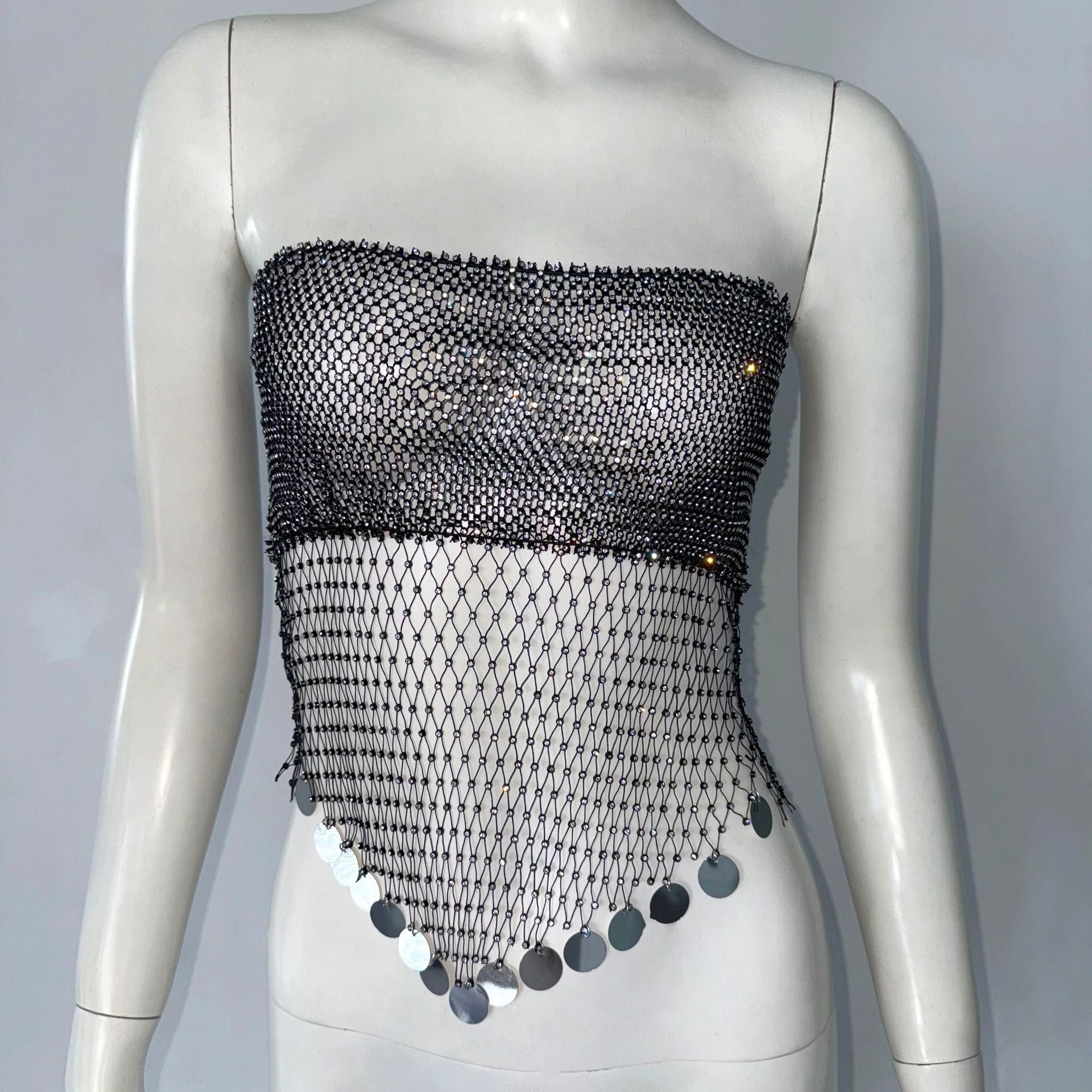 Strap Fishnet Rhinestone Top Tube Top