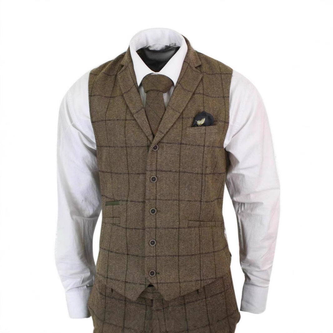 German-style Gentleman's Workplace Wedding Three-piece Brown Plaid Suit