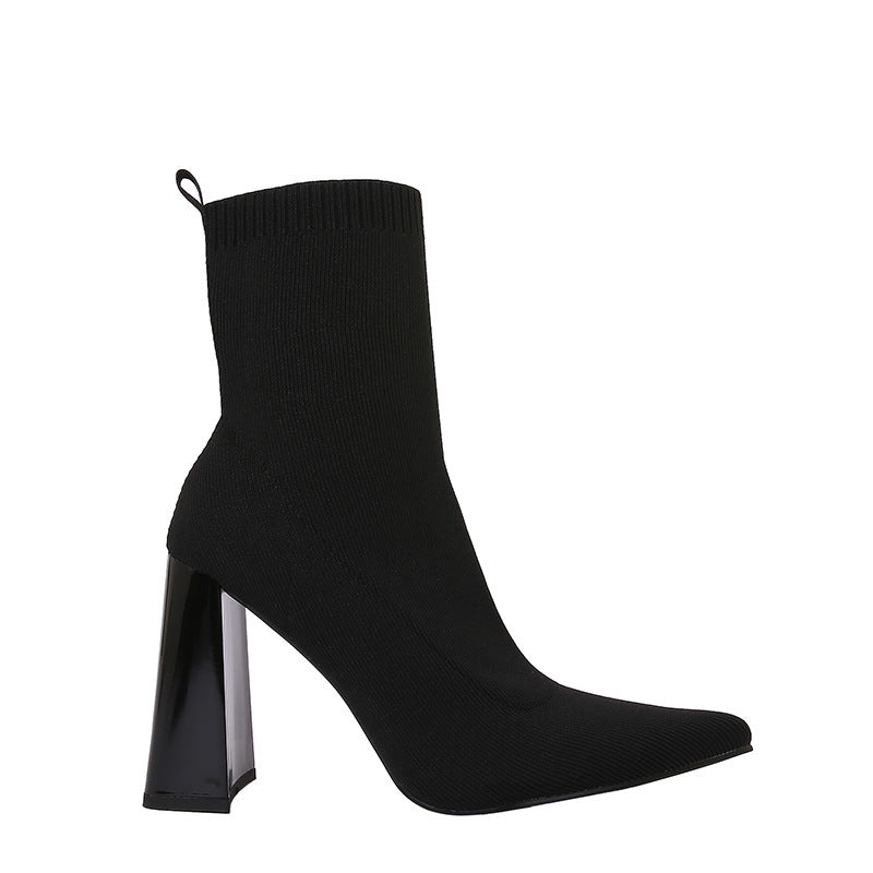 Brown Yellow Geometric High Heel Chunky Heel Retro Ankle Boots Elastic Socks Boots Women