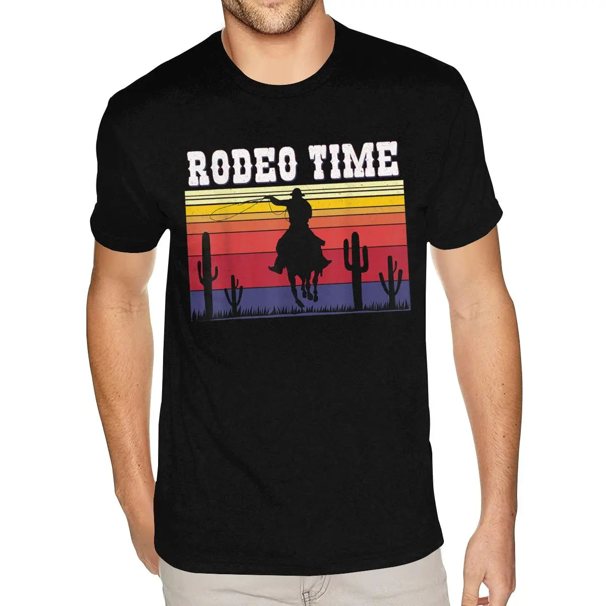Lovely Rodeo Time Hoodie Cowboy Horse Lasso Retro Sunset Rodeo Time Shirt Men's Graphic Custom Short Sleeved Black O Neck TShirt