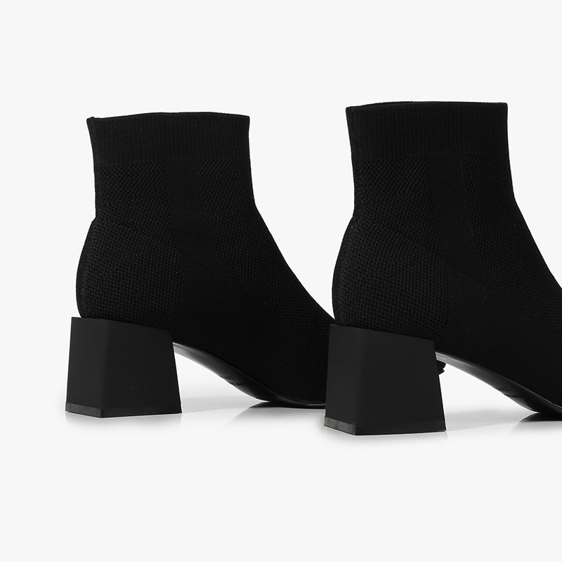 All-match Stretch Knitted High Heel Solid Color Chunky Heel Square Toe Booties Women