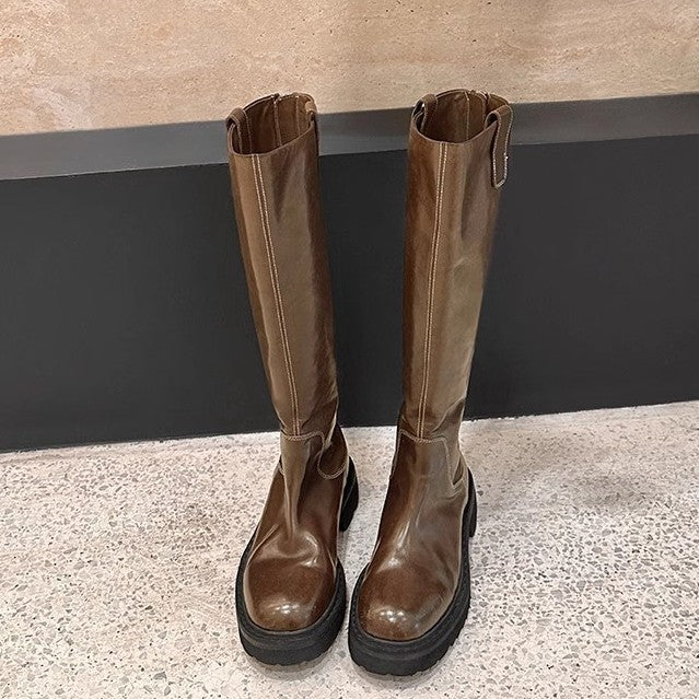 Round Head Thick Bottom Chunky Heel Long Tube Knight Boots