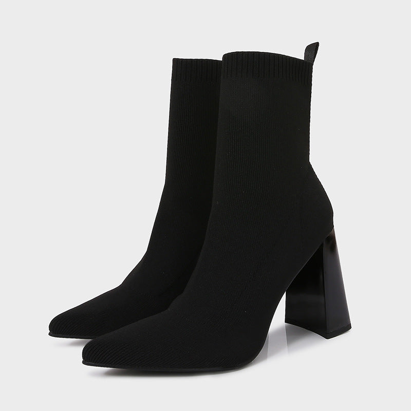 Brown Yellow Geometric High Heel Chunky Heel Retro Ankle Boots Elastic Socks Boots Women