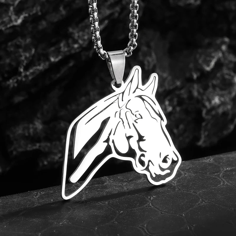 Stainless Steel Hollow Horse Head Animal Pendant Necklace Suitable for Male and Female Couples Hip-Hop Trendy Cool Jewelry
