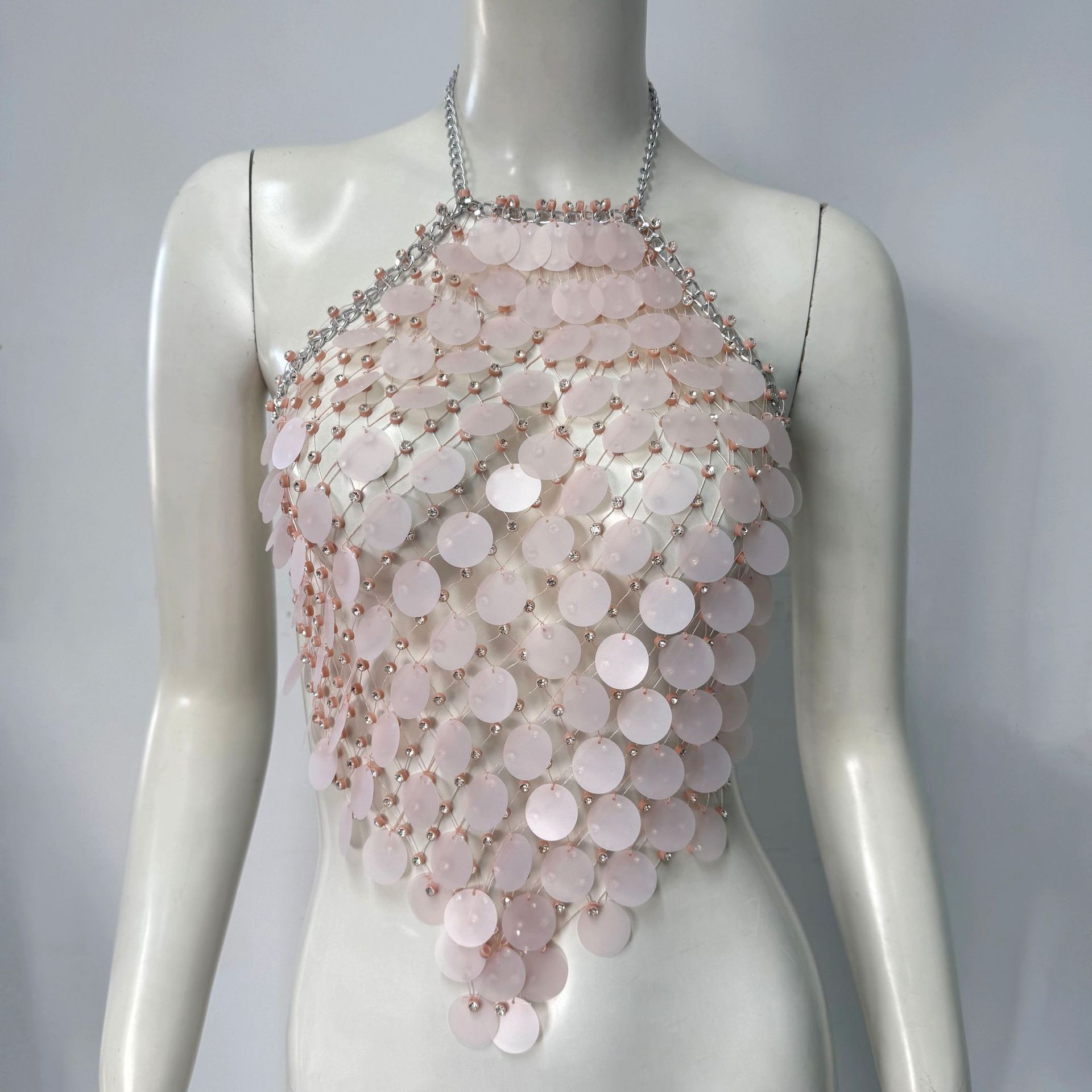 Fishnet Rhinestone Halter Spaghetti Straps Sequined Top