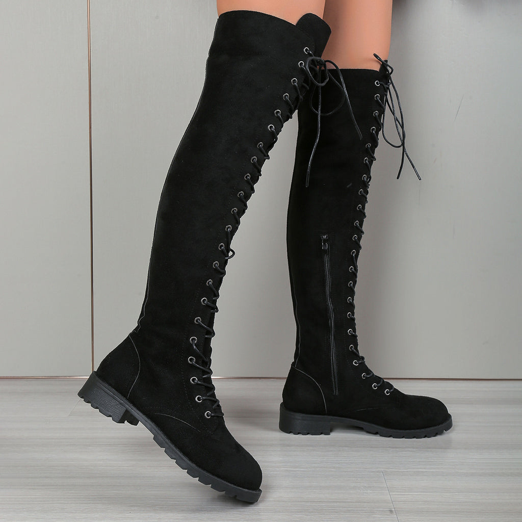 European And American Lace-up Over The Knee Boots Round Head