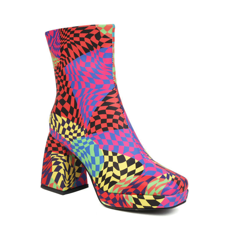 Square Toe Short Tube Women's Boots Printed Fabric