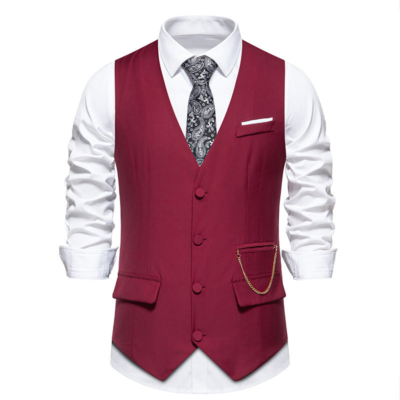 New Men's Solid Color Suit V-neck Single Breasted Chain Vest