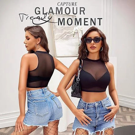 See-through Underwear Vest Bottoming Shirt Mesh Sexy Round Neck Lace