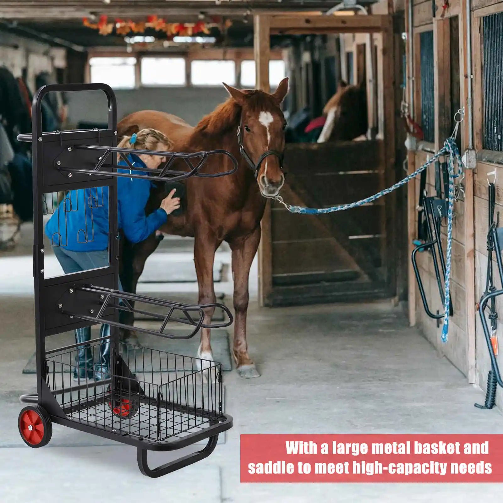 Pro-Grade Rolling Tack Rack on Wheels - Mobile Horse Saddle Storage Cart with Transport Handles, 66lb Load-Bearing